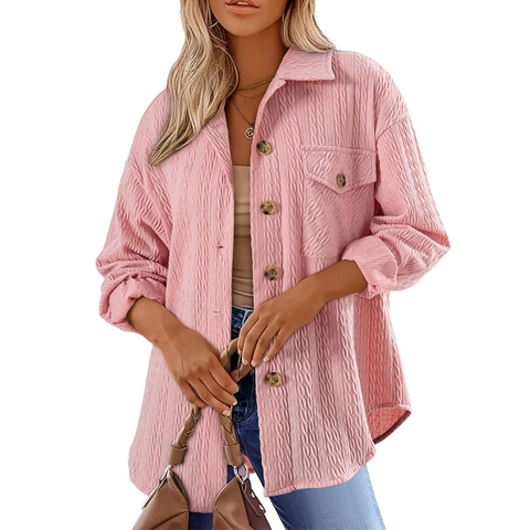 Giacca a Camicia Casual Strutturata da Donna con Rever e Bottoni Manica Lunga Blusa Vestibilità Larga con Tasca Top alla Moda Autunnali