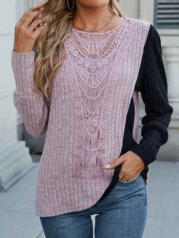 T-Shirt da Donna Patchwork a Manica Lunga con Pizzo Intagliato Top in Maglia a Costine Casual Girocollo Elegante Pullover
