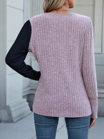 T-Shirt da Donna Patchwork a Manica Lunga con Pizzo Intagliato Top in Maglia a Costine Casual Girocollo Elegante Pullover