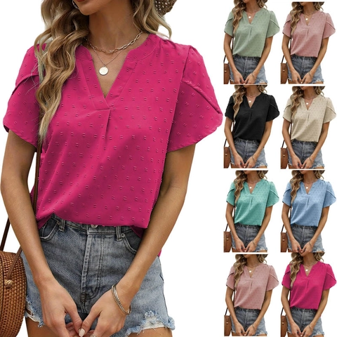 Women V Neck Short Sleeve Blouse Casual Swiss Dot Summer Shirts Tops Pullover