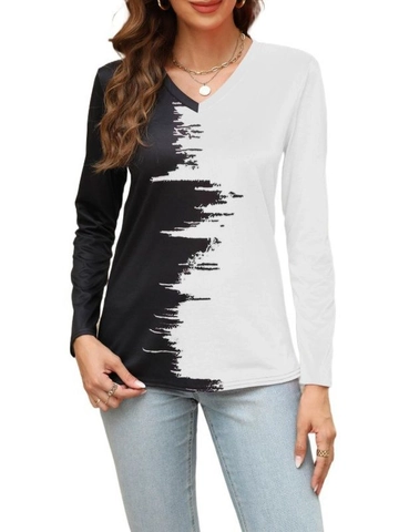 Maglietta da Donna Casual Scollo a V Blocchi di Colore Manica Lunga Astratta Pennellata Contrasto Pullover Top Medio Autunno