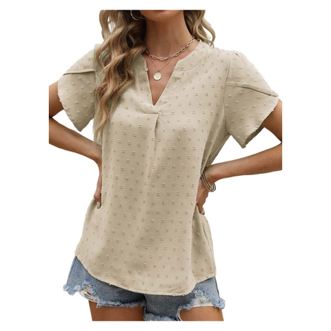Women V Neck Short Sleeve Blouse Casual Swiss Dot Summer Shirts Tops Pullover
