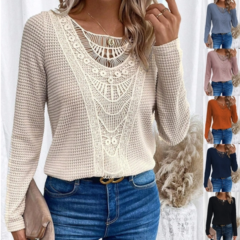 Women Waffle Knit Long Sleeve T-Shirt Lace Crochet Patchwork Round Neck Casual Solid Color Polyester Pullover Fashion Top