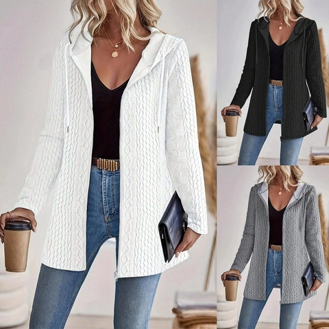 Women's Cable Knit Hooded Cardigan Zip Up Jacket Casual Mid Length Long Sleeve Solid Color Knitwear Outerwear Coat