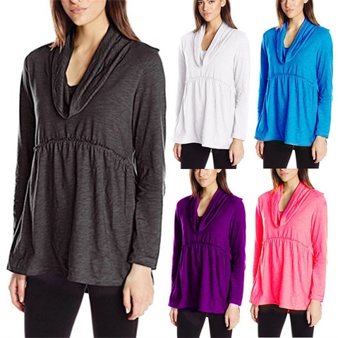 Top Túnica de Manga Larga con Cuello de Vuelo para Mujer Cintura Fruncida con Cordón Color Sólido Casual