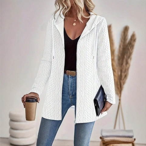 Women's Cable Knit Hooded Cardigan Zip Up Jacket Casual Mid Length Long Sleeve Solid Color Knitwear Outerwear Coat