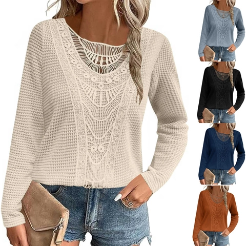 Top da Donna Casual in Maglia a Nido d'Ape a Maniche Lunghe Elegante Patchwork in Pizzo Svuotato Girocollo Maglietta Morbida Traspirante
