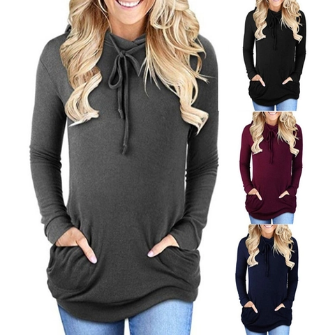 Women's Casual Long Sleeve Hoodie With Drawstring Hood And Side Pockets Slim Fit Mid-Length Sweatshirt Pullover Top
