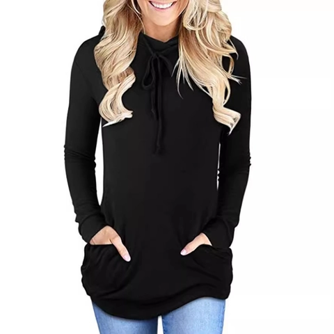 Women's Casual Long Sleeve Hoodie With Drawstring Hood And Side Pockets Slim Fit Mid-Length Sweatshirt Pullover Top