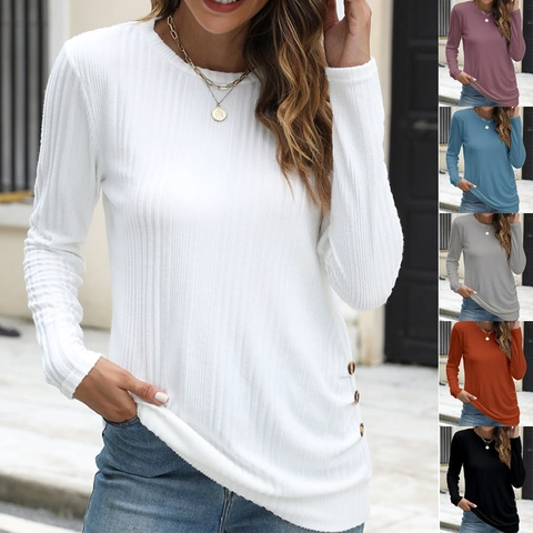 Maglietta a Maniche Lunghe Casual da Donna a Costine Tinta Unita Girocollo Con Bottoni Laterali Maglietta in Poliestere Spazzolato per Autunno