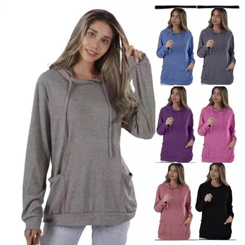 Women's Casual Long Sleeve Hooded Sweatshirt With Pockets Solid Color Drawstring Pullover Hoodie Mid-length Autumn Winter Top