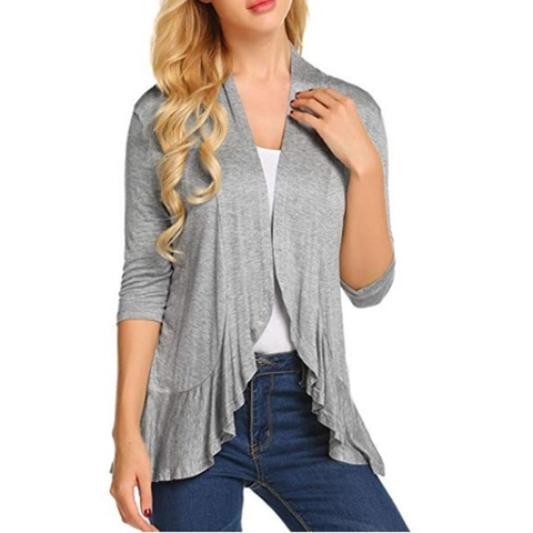 Women's Casual Lightweight Knit Cardigan Open Front 3/4 Sleeve Ruffle Hem Solid Color Slim Fit Fashion Outerwear Top