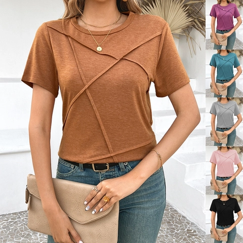 Women Casual Round Neck Short Sleeve T-Shirt With Geometric Topstitching Solid Color Minimalist Pullover Top For Daily Wear