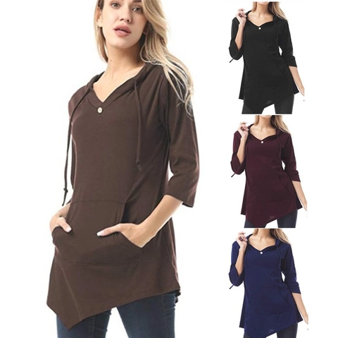 Dames Casual Top met Capuchon V-hals Knoopdetail Kangoeroezak Asymmetrische Zoom 3/4 Mouw Effen Kleur Gebreide Pullover