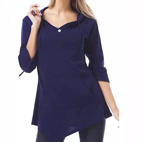 Dames Casual Top met Capuchon V-hals Knoopdetail Kangoeroezak Asymmetrische Zoom 3/4 Mouw Effen Kleur Gebreide Pullover
