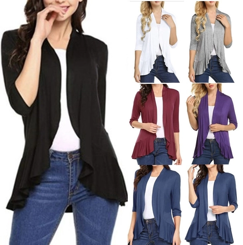 Women's Casual Lightweight Knit Cardigan Open Front 3/4 Sleeve Ruffle Hem Solid Color Slim Fit Fashion Outerwear Top