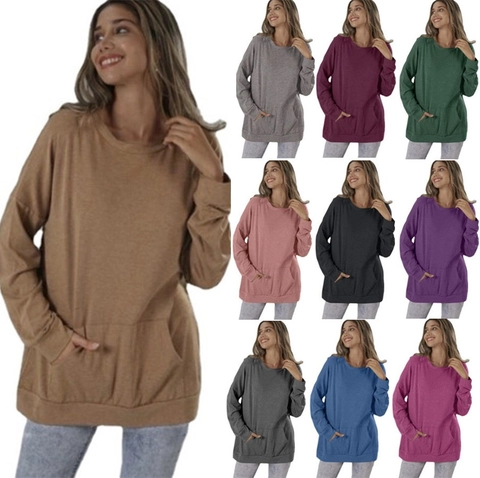 Damen Casual Rundhals Sweatshirt Mit Taschen Lockerer Schnitt Langarm Polyester Pullover Tops Einfarbig Übergroß Herbst Winter Streetwear