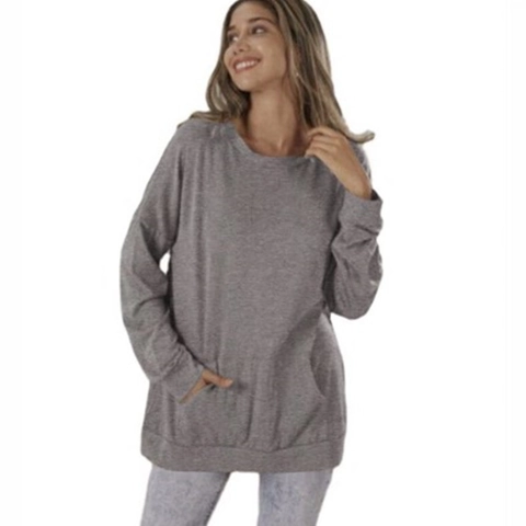Damen Casual Rundhals Sweatshirt Mit Taschen Lockerer Schnitt Langarm Polyester Pullover Tops Einfarbig Übergroß Herbst Winter Streetwear