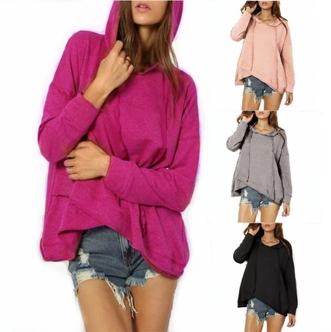 Women Casual Hooded Sweatshirt Asymmetric Hem Loose Long Sleeve Hoodie Pullover Solid Color Streetwear Outerwear Top