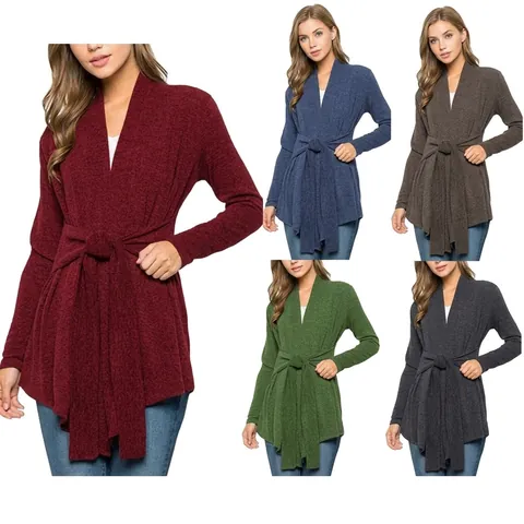 Women's Casual Knit Cardigan Sweater Solid Long Sleeve V-Neck Wrap Top With Tie-Waist Soft Autumn Outerwear