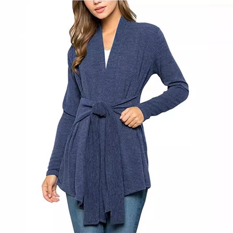 Women's Casual Knit Cardigan Sweater Solid Long Sleeve V-Neck Wrap Top With Tie-Waist Soft Autumn Outerwear