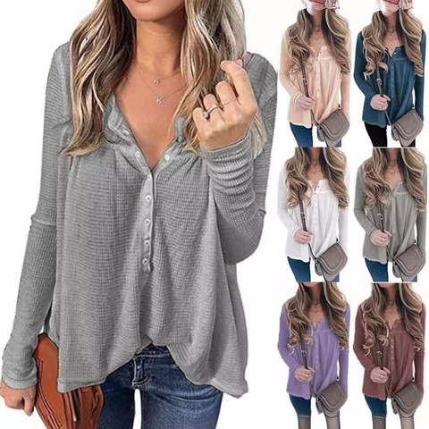 Γυναικείο Casual Πλεκτό Μπλουζάκι Henley με Μακρύ Μανίκι και Υφή Βάφλας Λαιμόκοψη V με Κουμπιά Χαλαρή Εφαρμογή Μονόχρωμο Τοπ για Καθημερινή Χρήση