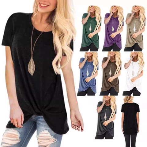 Γυναικείο Casual T-Shirt με Κοντό Μανίκι Στρογγυλή Λαιμόκοψη Μονόχρωμο Κόμπος στο Στρίφωμα Καλοκαιρινό Top