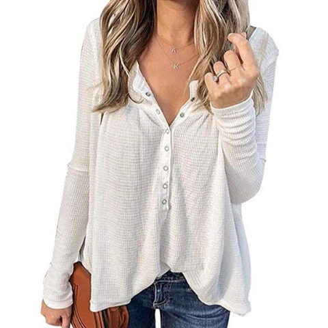 Γυναικείο Casual Πλεκτό Μπλουζάκι Henley με Μακρύ Μανίκι και Υφή Βάφλας Λαιμόκοψη V με Κουμπιά Χαλαρή Εφαρμογή Μονόχρωμο Τοπ για Καθημερινή Χρήση