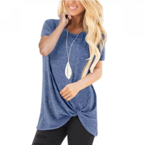 Γυναικείο Casual T-Shirt με Κοντό Μανίκι Στρογγυλή Λαιμόκοψη Μονόχρωμο Κόμπος στο Στρίφωμα Καλοκαιρινό Top