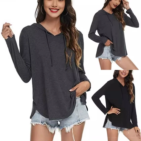 Women Casual Solid Color Long Sleeve Hoodie With Drawstring V-Neck Curved Hem Side Slit Pullover Sweatshirt Autumn Fashion