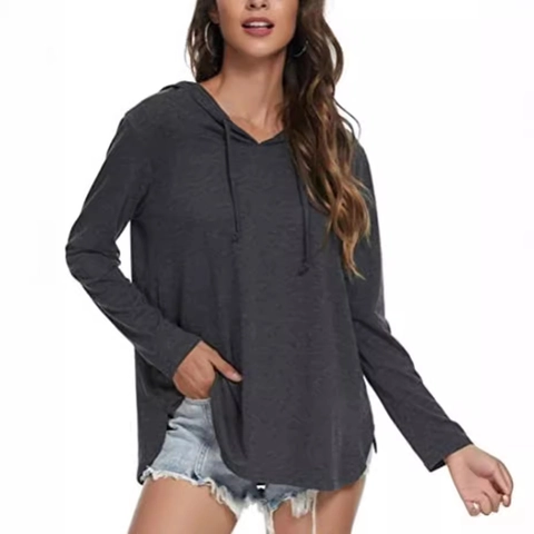 Women Casual Solid Color Long Sleeve Hoodie With Drawstring V-Neck Curved Hem Side Slit Pullover Sweatshirt Autumn Fashion