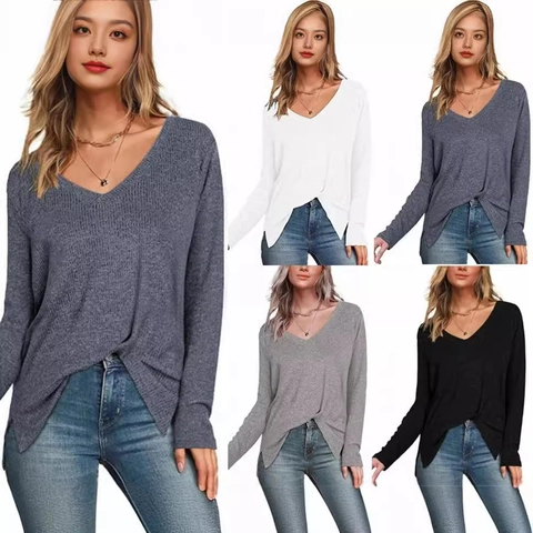 Dames Casual V-hals T-shirt met lange mouwen effen kleur zijsplit geribbelde gebreide pullover top voor de herfst