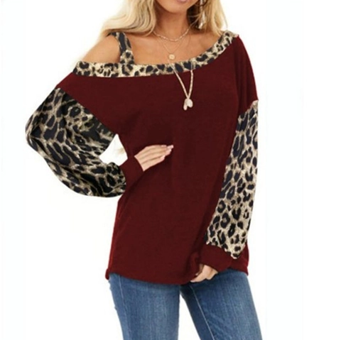 Haut Décontracté à Manches Longues Patchwork Imprimé Léopard pour Femmes Épaule Dénudée Asymétrique T-Shirt en Polyester Coton