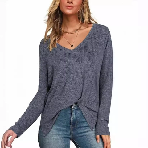 Dames Casual V-hals T-shirt met lange mouwen effen kleur zijsplit geribbelde gebreide pullover top voor de herfst