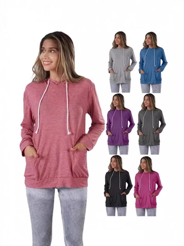 Dames Casual Hoodie Sweatshirt Effen Kleur Lange Mouw Pullover Met Wit Trekkoord Dubbele Voorzakken Lichtgewicht Kapuchontop