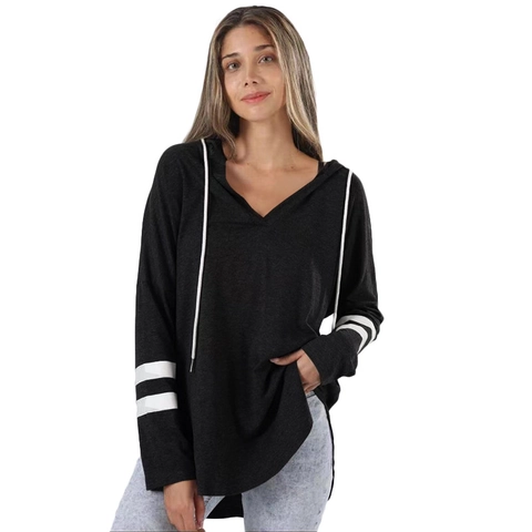 Women's Casual V-Neck Hoodie Long Sleeve Stripe Pullover Sweatshirt Loose Fit Drawstring Hooded Top Mid-Length Autumn Outerwear