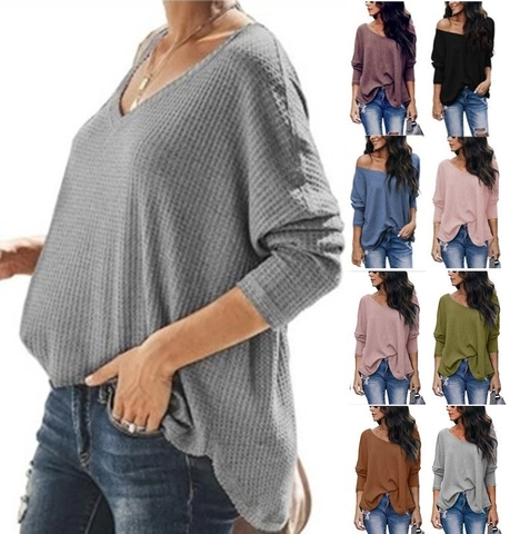 Damen Casual V Ausschnitt Waffelstrick Langarm Top Lockerer Pullover Herbst Frühling Mode Einfarbiges Unterziehshirt