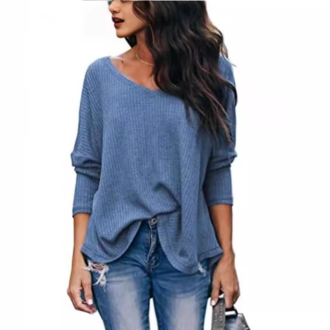 Damen Casual V Ausschnitt Waffelstrick Langarm Top Lockerer Pullover Herbst Frühling Mode Einfarbiges Unterziehshirt
