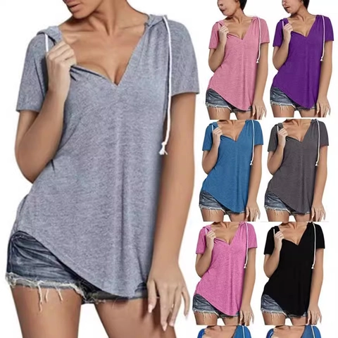 Damen Casual V-Ausschnitt Kapuzen T-Shirt Locker Kurzarm Kordelzug Meliertes Oberteil Leichte Polyester-Mischung Sommer Pullover