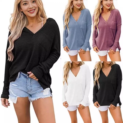 Damen Casual Waffelstrick V-Ausschnitt Langarm Top Mit Tasche Lockere Passform Einfarbig Seitenschlitz Herbst T-Shirt Bluse