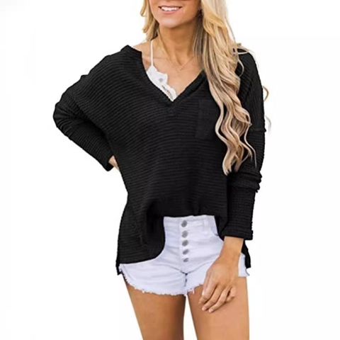 Damen Casual Waffelstrick V-Ausschnitt Langarm Top Mit Tasche Lockere Passform Einfarbig Seitenschlitz Herbst T-Shirt Bluse