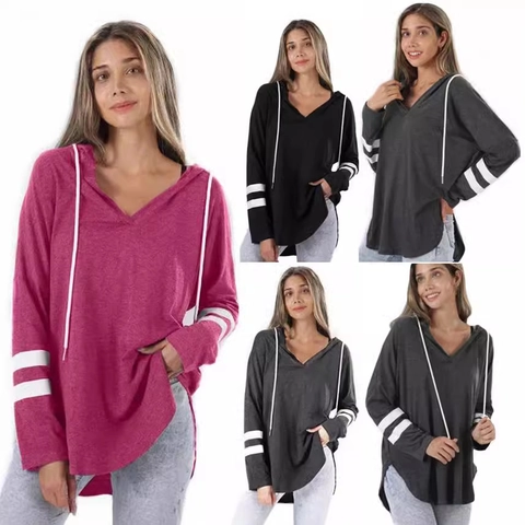 Women's Casual V-Neck Hoodie Long Sleeve Stripe Pullover Sweatshirt Loose Fit Drawstring Hooded Top Mid-Length Autumn Outerwear