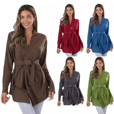 Women Casual Long Sleeve Wrap Cardigan Top Cotton Blend Deep V Neck Waist Tie Solid Color Knit Sweater Outerwear Fashion