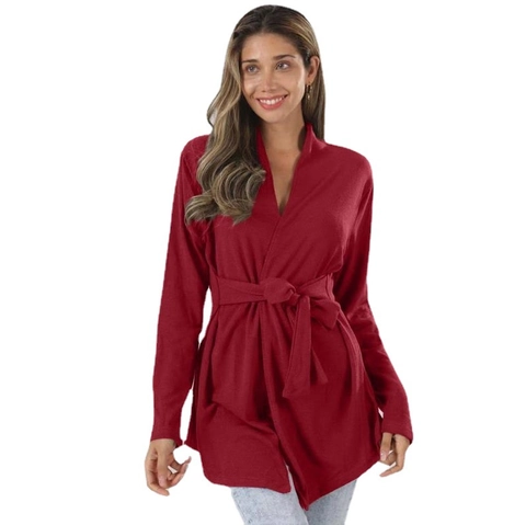 Women Casual Long Sleeve Wrap Cardigan Top Cotton Blend Deep V Neck Waist Tie Solid Color Knit Sweater Outerwear Fashion