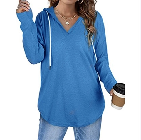 Women's Casual V-Neck Hooded Sweatshirt Polyester Drawstring Long Sleeve Pullover Curved Hem Oversized Streetwear Hoodie Top