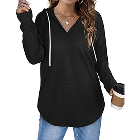 Women's Casual V-Neck Hooded Sweatshirt Polyester Drawstring Long Sleeve Pullover Curved Hem Oversized Streetwear Hoodie Top