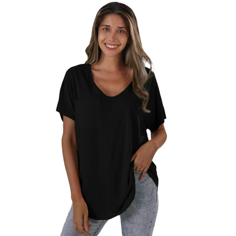 Women Casual V Neck T-Shirt Short Sleeve Loose Fit Polyester Blend Pocket Top Solid Color Basic Summer Fashion Streetwear Tee