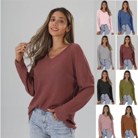 Women Waffle Knit V Neck Long Sleeve Top Loose Casual Solid Color Drop Shoulder Pullover Streetwear Basic Knitwear Top