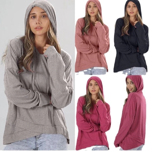 Women's Casual Loose Solid Color Hooded Sweatshirt With Irregular Cross Hem Long Sleeve Drawstring Pullover Hoodie Tops