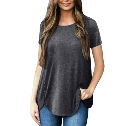 Maglietta da Donna Casual a Manica Corta con Girocollo e Bottoni Laterali Tinta Unita Orlo Curvo Top Estivo Largo